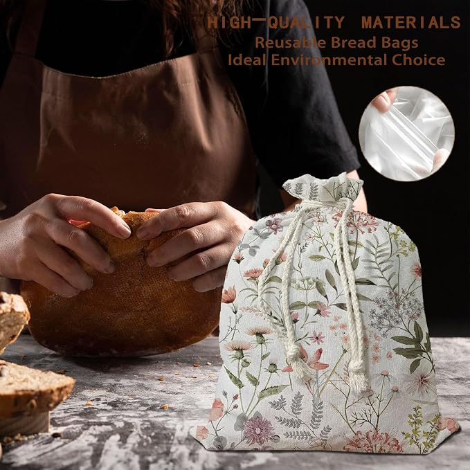 UTELKA Flroal Reusable Linen Bread Bag for Homemade Bread, Sourdough Loaf Wildflower Beeswax Bread Bag, Flroal Storage Large Bread Box for Baker Focaccia Sandwich Bags Baking 16.5x12