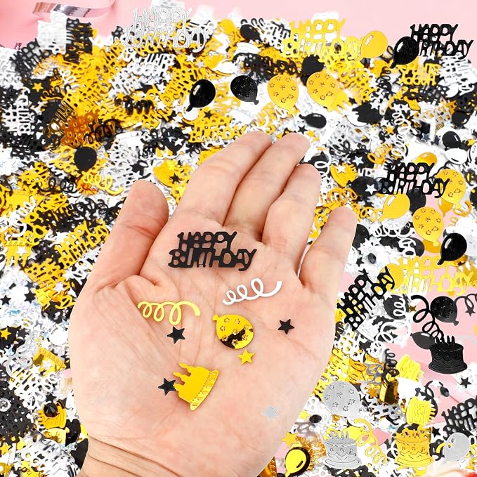 Birthday Confetti, Happy Birthday Party Glitter Table Confetti, 60g Black Gold Metallic Foil Cake Balloon Confettis Sprinkles Table Centerpiece for Baby Shower Party Decorations DIY Arts and Crafting