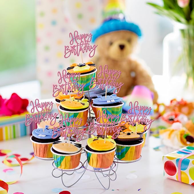 24 PCS Glitter Cupcake Toppers - Happy Birthday & Anniversary Picks - Pink