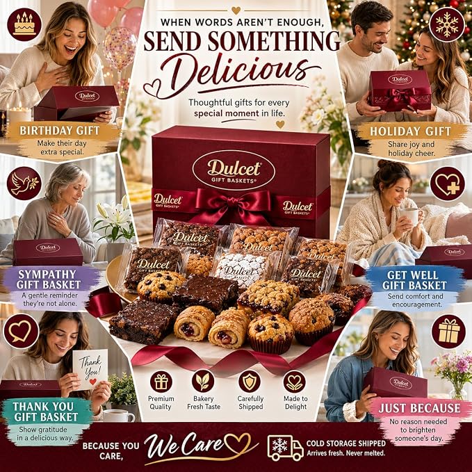 Dulcet Gift Basket – Premium Fresh Gourmet Baked Goods Gift Box for All Occasions – Assorted Brownies, Crumb Cakes, Rugelach & Muffins – Elegant Bakery Dessert Box