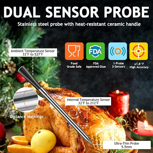 Meat Thermometer Digital Wireless with 800ft Range, Bluetooth 5.3 Food Thermometer with Dual-Temperature Probe, LCD Display and App&Case Setting for Grilling Smoking Cooking