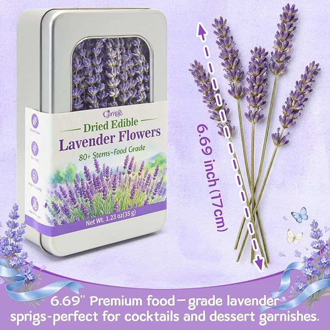 80-90 Edible Lavender Sprigs for Cocktails & Dessert, 6.69'' Edible Flowers for Drinks Garnish Tea DIY Craft, Food Grade Culinary Lavender Flower Bud 1.23oz(35g)
