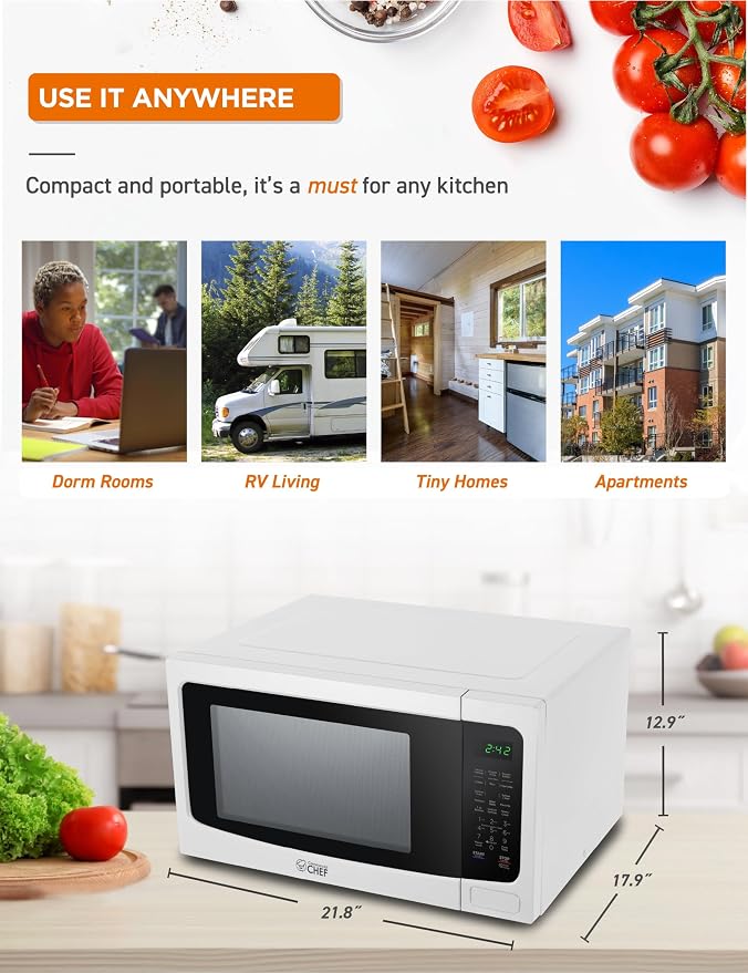 Commercial Chef 1.6 Cubic Foot Microwave with 10 Power Levels, Small Microwave with Push Button Child Safety Lock, 1100 Watt Microwave with Digital Control Panels, Countertop Microwave & Timer, White