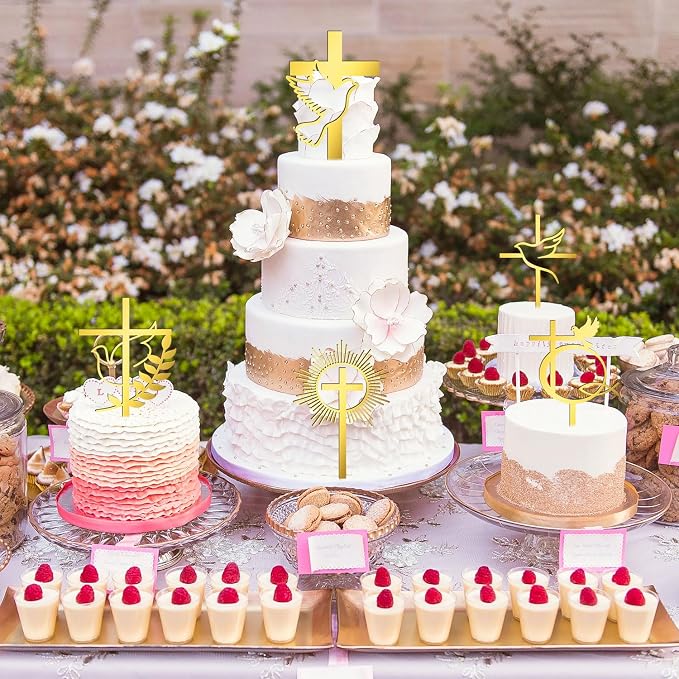5 Pcs Gold Dove Cross Cake Toppers Acrylic Baptism First Communion Cake Decorations Supplies for Baby Shower Birthday Wedding Party Christian