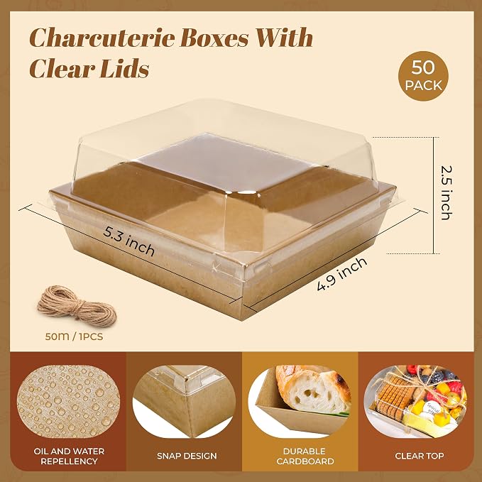 50 Pack Brown Charcuterie Boxes 5.3x4.9x2.5in for Market Bites | Twine and stickers add a finished look for handmade snacks, samples and small orders.