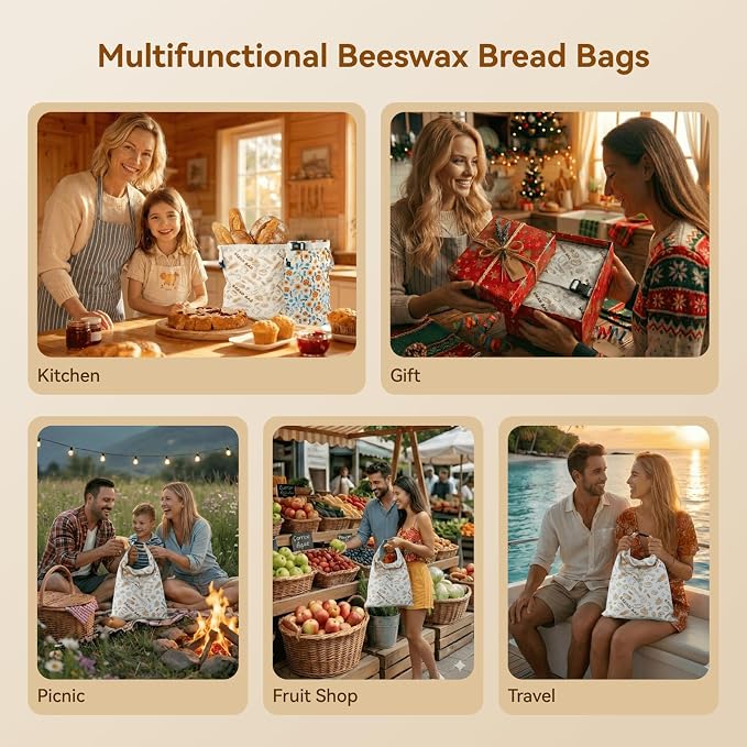 Bread Bag for Homemade Bread - 2 Packs XL Reusable Organic Beeswax Natural Cotton Sourdough Bag, Homesteading Essentials Sourdough Bags with Sealing Zip to Keep Fresh(13×17 Inches)