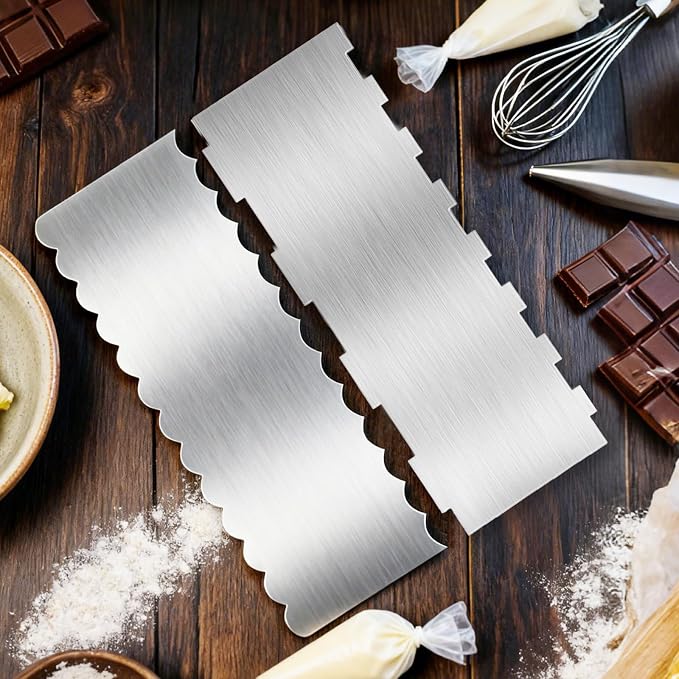 2 Pack 8.7 Inch Stainless Steel Cake Scraper, Double Sided Patterned Edge Stripe Edge Smoother Scraper Frosting Scraper Cake Decorating Comb for Mousse Butter Cream - Style 2