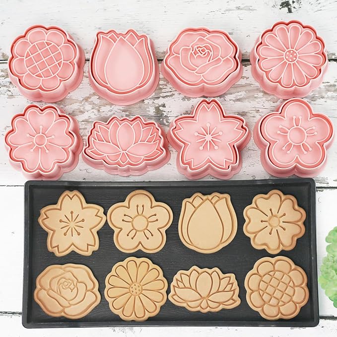 8 Flower Cookie Cutter, 3D Spring Floral Cookie Cutters with Tulip, Daisy, Sunflower, Rose, Cherry blossoms Shapes, Homemake Baking Tools for Mother's Day, Valentine, Holiday DIY Cookies (Flower Head)