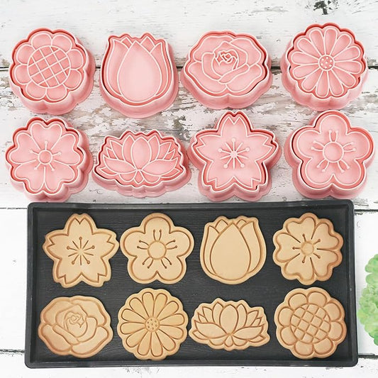 8 Flower Cookie Cutter, 3D Spring Floral Cookie Cutters with Tulip, Daisy, Sunflower, Rose, Cherry blossoms Shapes, Homemake Baking Tools for Mother's Day, Valentine, Holiday DIY Cookies (Flower Head)