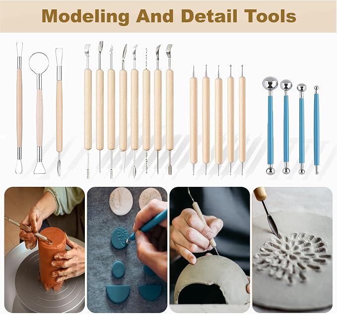 CeeVian 43PCS Clay Sculpting Tools Kit, Pottery Tools Set with Stainless Steel & Wooden Clay Carving Tools, Ball Stylus, Rubber Tip Shapers, Sponge & Storage Bag for Ceramic, Polymer Clay, Sculpting