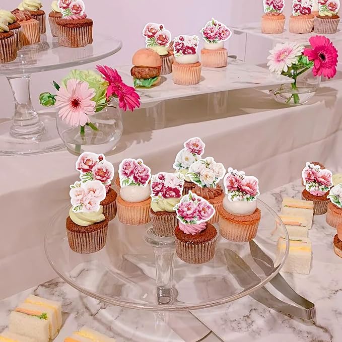 40Pcs Edible Peony Cupcake Toppers Peonies Flower Blossoms Cupcake Picks for Floral Mother's Day Bridal Shower Engagement Floral Wedding Girls Birthday Cupcake Decorations