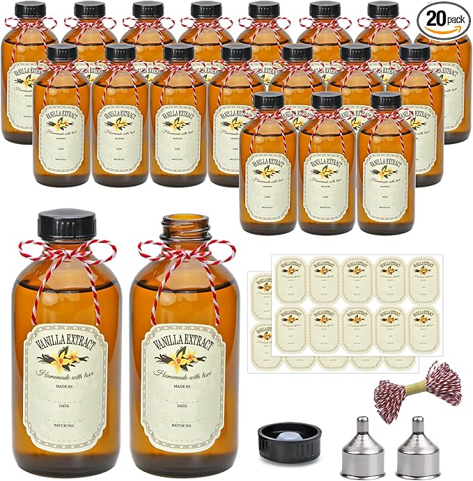 YINGERHUAN 8oz Glass Vanilla Extract Bottles,Round Amber Boston with Caps for Syrup,20 Pack Glass Sample Bottles with Stickers and Funnel for Essential Oils,Wedding,Christmas