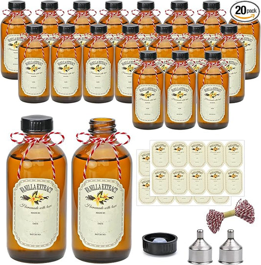 YINGERHUAN 8oz Glass Vanilla Extract Bottles,Round Amber Boston with Caps for Syrup,20 Pack Glass Sample Bottles with Stickers and Funnel for Essential Oils,Wedding,Christmas