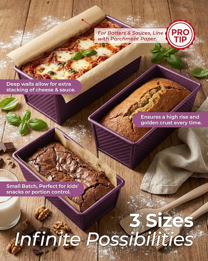 CARTMAN 3-Piece Pullman Loaf Pan with Lid Set – Non-Stick Carbon Steel Bread Pan with Bottom Vents – Includes Large (12"), Medium (8") & Mini (7") Sizes plus Silicone Tools – Plum Purple