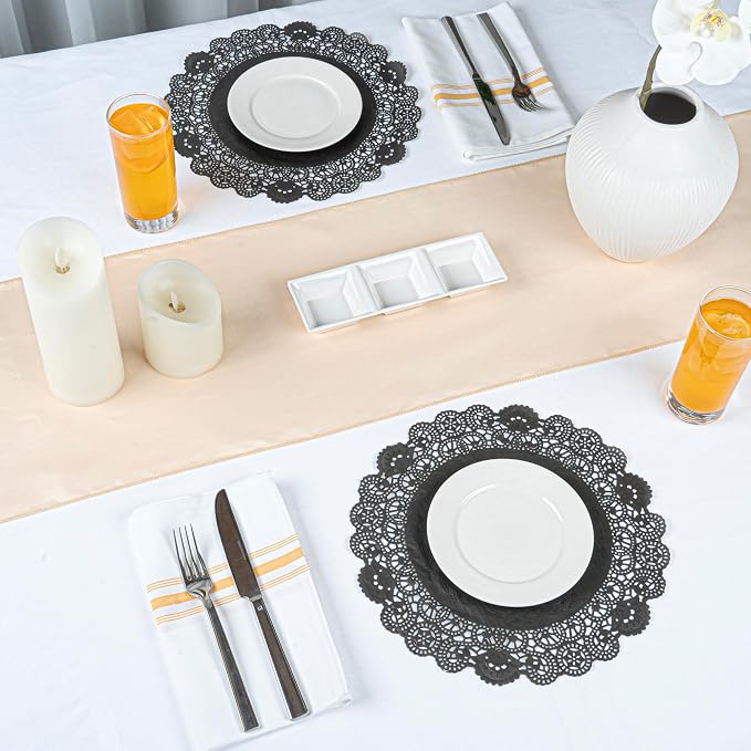 Restaurantware Pastry Tek 12 x 12 Inch Lace Doilies 100 Decorative Tableware Placemats - Disposable Round Black Paper Table Doilies For Birthdays Or Weddings Table Decor