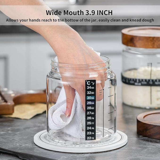 Wissy&Konny Sourdough Starter Jar 2Pack 35OZ with Ounce Scale Line,Date Marked Feeding Band, Thermometer, Sourdough Jar Scraper, Cloth Cover & Wood Lid, Wide Mouth for Sourdough Bread Baking