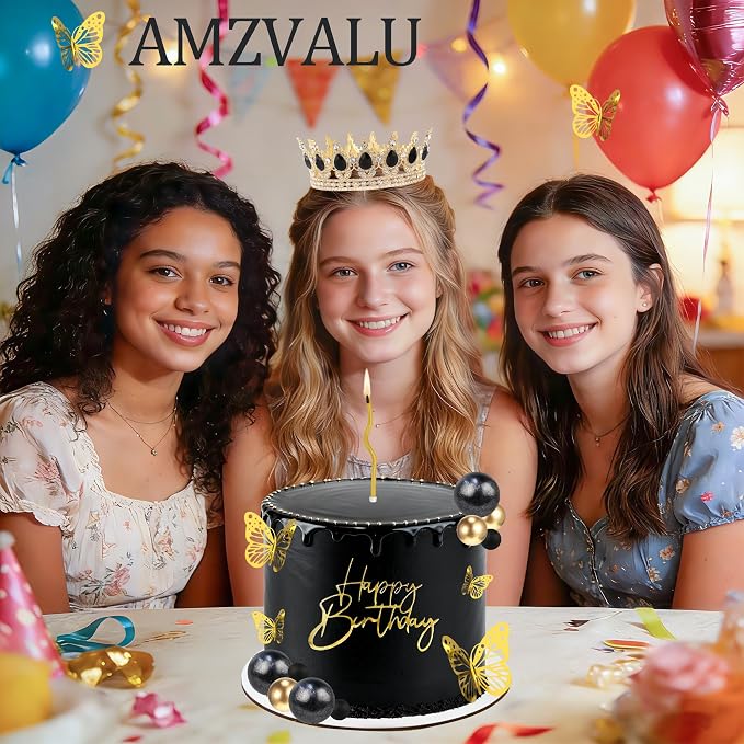 Crown Cake Topper, Black & Gold Crown Balls Happy Birthday Cake Toppers Birthday Candles Butterfly, Corona Para Pastel, Crown Cake Decorations for Women Queen Princess Men (Gold, Black)