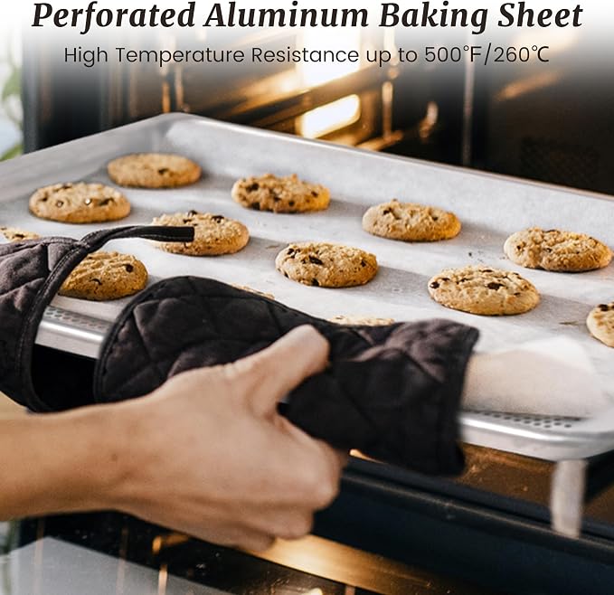 12 Pack Full Size Perforated Aluminum Baking Sheet, 26 x 18 in | NSF, Aluminum Commercial Cookie Sheets, Non-Stick, Oven Safe Up to 500℉