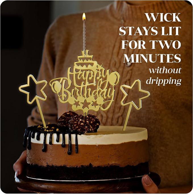Happy Birthday Acrylic Cake Topper Candle, Gold, with 2 Star Decorations