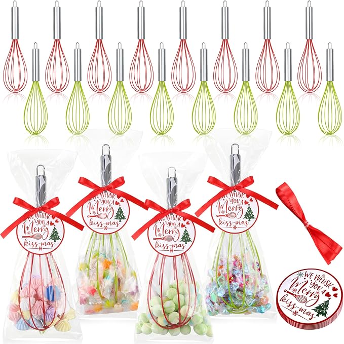 FoldTier 16 Sets 10 Inch Christmas Whisks Gifts DIY Fillable Christmas Tree Ornaments Xmas Colored Silicone Whisks for Cooking Heat Resistant Egg Beaters with Card Rope Bag for Candy Holder