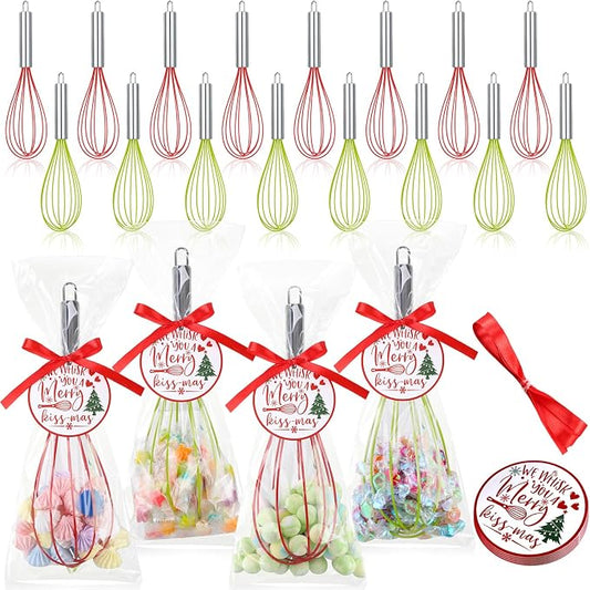 FoldTier 16 Sets 10 Inch Christmas Whisks Gifts DIY Fillable Christmas Tree Ornaments Xmas Colored Silicone Whisks for Cooking Heat Resistant Egg Beaters with Card Rope Bag for Candy Holder