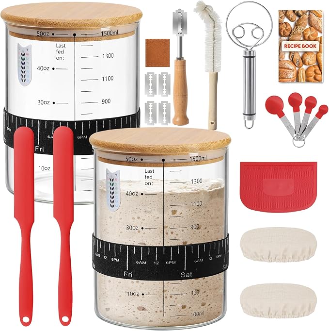 RYTOXILO Sourdough Starter Jar Kit, 50 Oz Glass Large Sour Dough Jars Wide Mouth for Beginners, 10 Pcs Bread Starter Container Set with Bamboo Lid, Sourdough Jar with Bread Baking Supplies Accessories