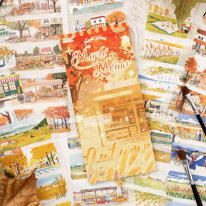 Autumn Series Sticker Scrapbooking Supplies for Junk Journal, 10 Sheets PET Stickers and 10 Sheets Washi Stickers