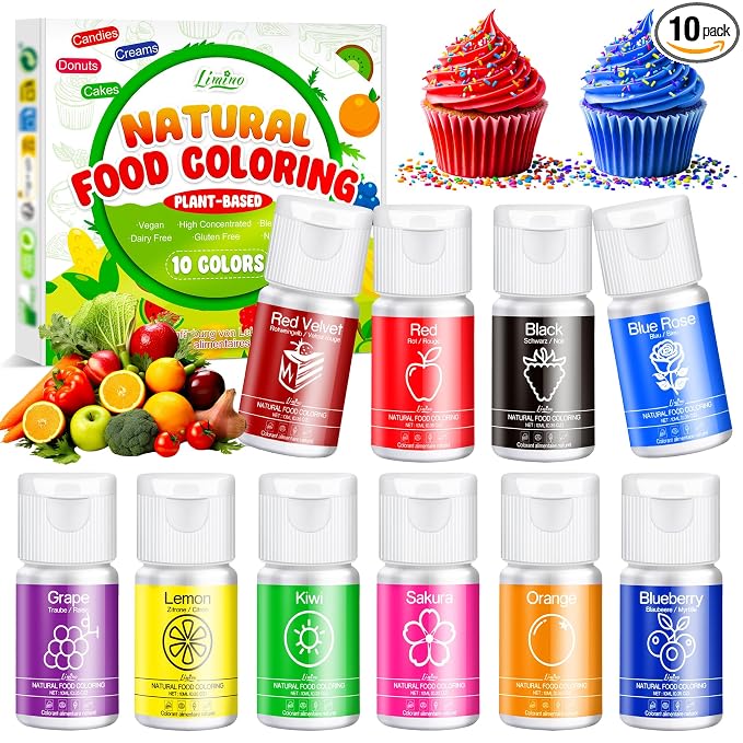 Natural Food Coloring - 10 Plant-Based Liquid Food Coloring Set, Artificial Dye Free, All Nature Food Dye for Baking, Cake Decorating and Fondant, Organic Food Color for Icing, Frosting - 3.5oz/100ml