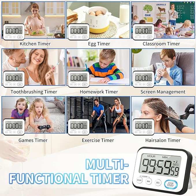 Digital Kitchen Timer Magnetic Loud Alarm & Silent Flashing, Large LCD Display Countdown Clock for Cooking, Classroom, Teachers, Kids, Study, Workout, Black