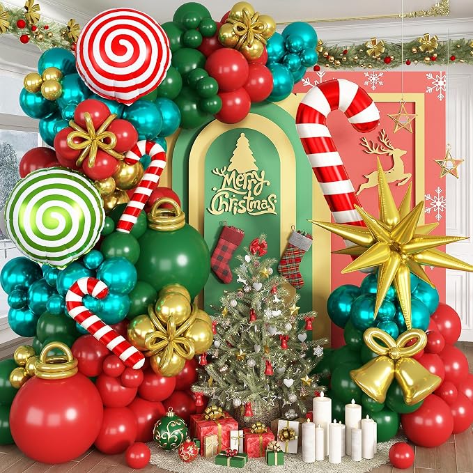 Christmas Balloon Garland Arch Kit, Xmas Red Green Gold Balloons Candy Cane Explosion Star Mylar Foil Balloons for Merry Christmas Ugly Sweater New Year Friendsmas Festival Birthday Party Decorations