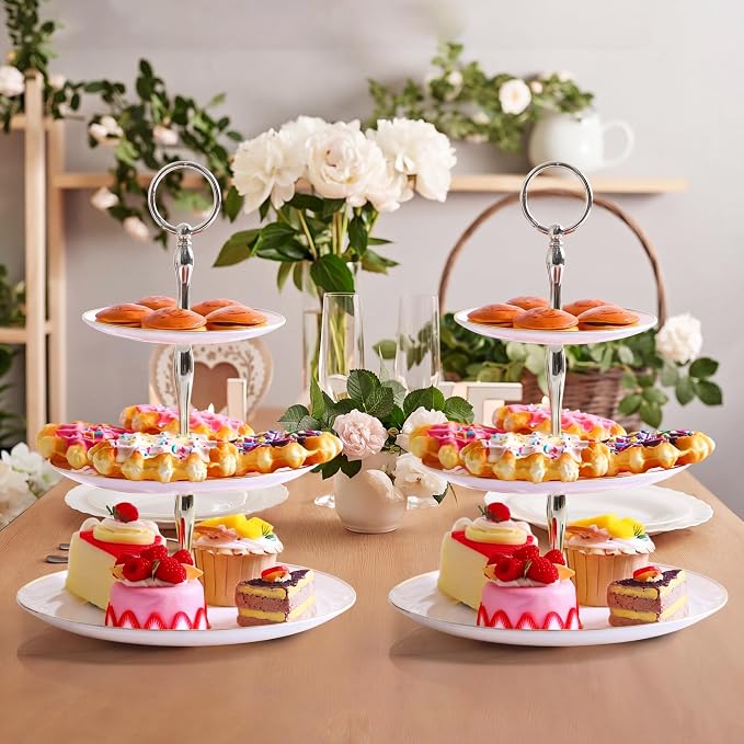 Teenyyou 8 Pack 3 Tier Cupcake Stand Bulk Tiered Dessert Stand Thick Plastic Serving Tray with Gold Edges Dessert Table Display Set Tea Cake Holder for Wedding Birthday Party(Silver White,Round)