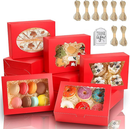 KPOSIYA 65 PCS 8x6x2.5 Inch Cookie Boxes with Window Red Bakery Boxes Pastry Boxes for Gift Giving, Treat, Dessert, Cupcakes, Chocolate, Strawberries, Donuts, Muffins (5 Style Windows)