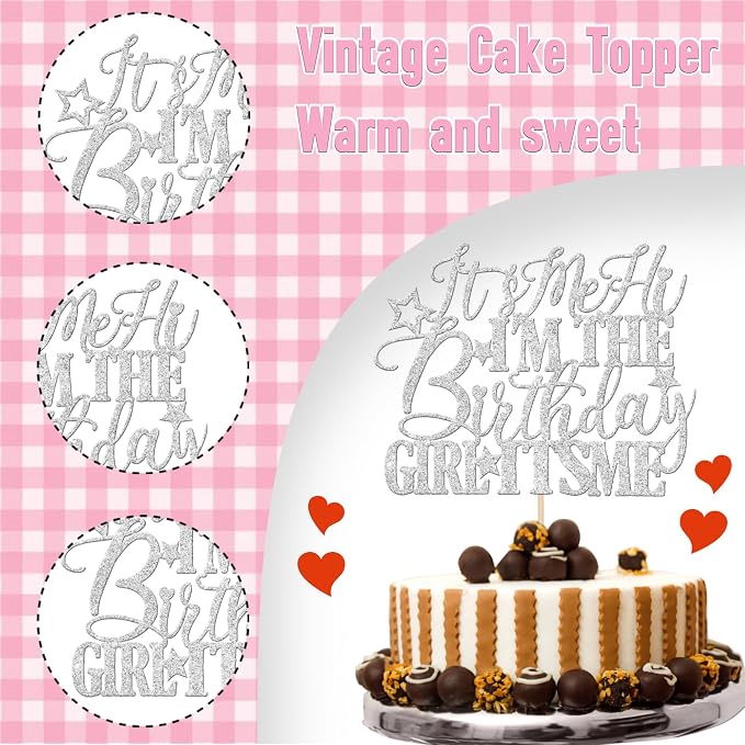 1 PCS It's Me Hi I'm the Birthday Girl It's Me Cake Topper Glitter Music Singer Cake Pick for Funny Hip Hop Singer Girls Birthday Party Cake Decorations Supplies Silver