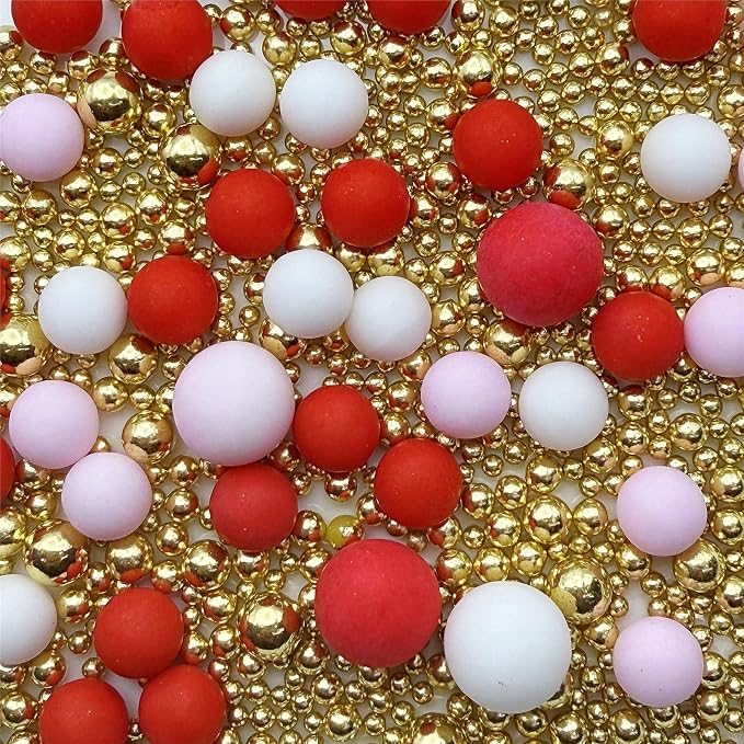 SE Si&Moos Gold Pink Red and White Sprinkles for Cake Decorating Valentines Sprinkles Red and Pink Edible Pearl Cake Decorations Gold Sprinkles for Cake, Cupcake, Baby Shower Birthday Party Holiday Christmas Supplies 3 OZ