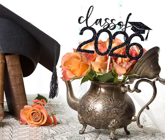 Class of 2026 Cake Topper, Congrats 2026 Cake Décor, Congrats Grad, Happy Graduation, High School/Senior/University Graduation Party Decorations Black Glitter