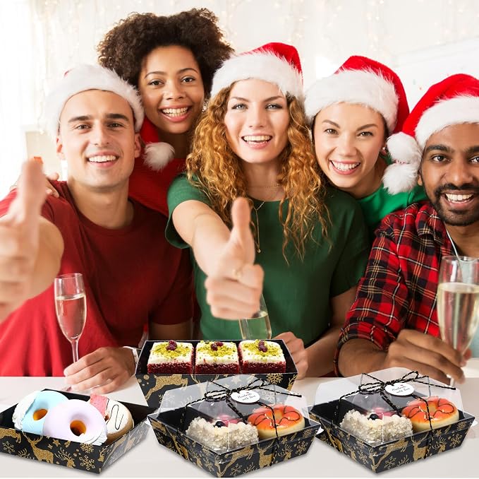 Outus 100 Pack Christmas Charcuterie Boxes with Clear Lids, Paper Dessert Boxes to Go with Gift Tags Rope Disposable Party Favor Treat Food Containers for Cookies, Donuts, Muffins, Salad, and Pastry