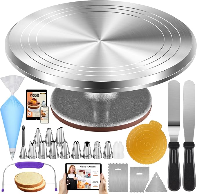 Kootek 71PCs Cake Decorating Kit, Baking Supplies Tools with 12" Aluminum Revolving Cake Turntable, 12 Piping Tips Set, 50 Pastry Bags, 2 Frosting Spatulas, 3 Scrapers, Leveler, Coupler, Cake Board