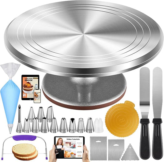 Kootek 71PCs Cake Decorating Kit, Baking Supplies Tools with 12" Aluminum Revolving Cake Turntable, 12 Piping Tips Set, 50 Pastry Bags, 2 Frosting Spatulas, 3 Scrapers, Leveler, Coupler, Cake Board