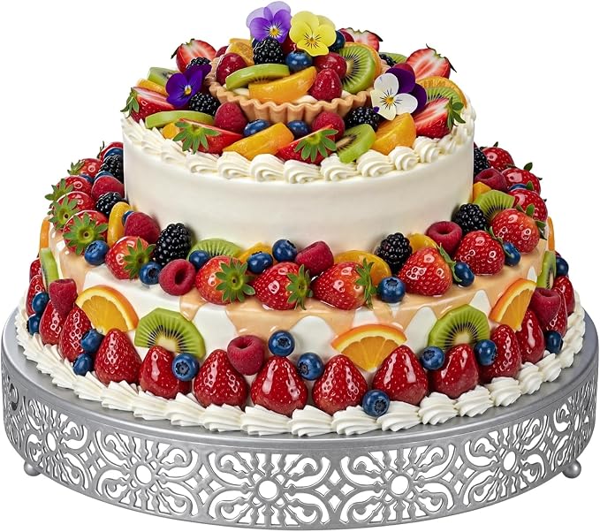 Wenqik 18 Inch Cake Stand Round Metal Cupcake Dessert Wedding Cake Stand Cookies Display Holder Fruit Food Serving Tray for Table Wedding Birthday Anniversary Party Decor (Silver)