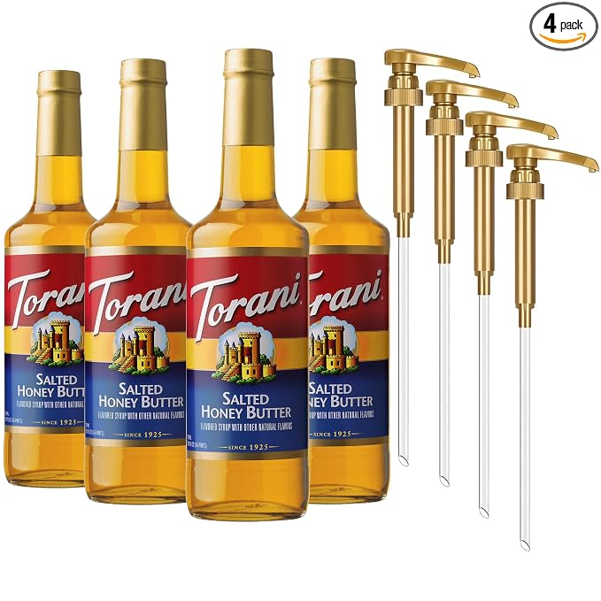 Torani Coffee Syrup, Salted Honey Butter, Flavoring for Drinks and Desserts, Glass Bottle 4-Pack, Pumps Included, 25.4 Fl Oz Ea