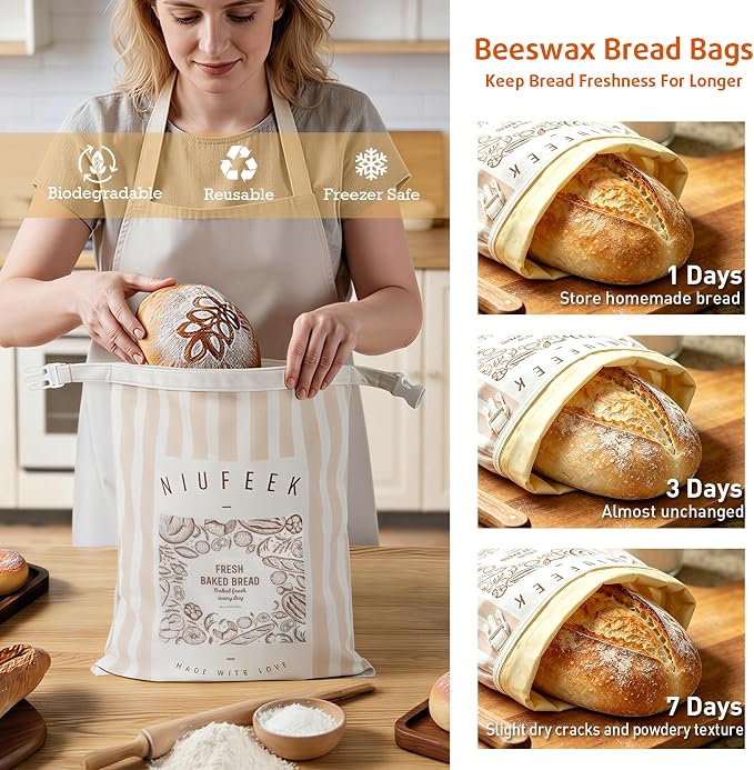 2-Pack Beeswax Bread Bags for Homemade Bread, 12.6 x 17 Inch Reusable Sourdough Bread Bags, Removable Beeswax Lined Food Storage Bag, Zippered Linen bread keeper, Suitable for Fresh and Frozen Storage