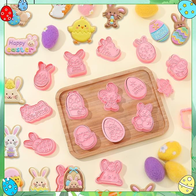 Jspupifip 16 Pcs Easter Cookie Cutters with Plunger Stamper,Happy Easter Mini 3D Cookie Stamper for Baking Bunny,Chick,Egg Fondant Cookies