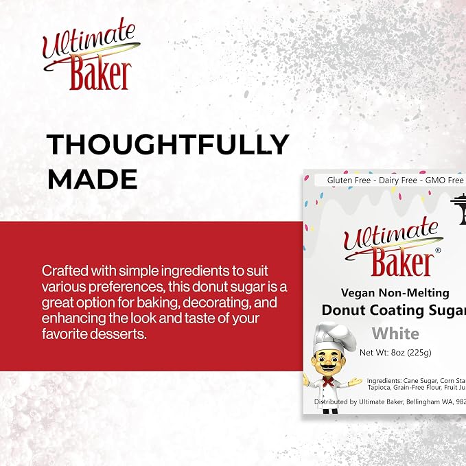 Ultimate Baker Vegan Non-Melting White Donut Sugar - All Natural Snow Sugar for Dusting Donuts, Icing & Baking with a Smooth White Coating for Decorating, Frosting & Finishing (8oz)