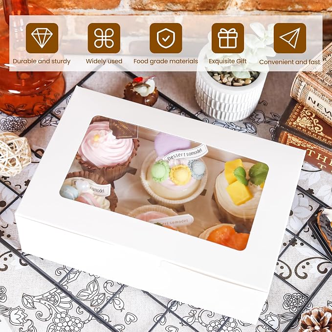NPLUX 15 Pack Cupcake Boxes with Inserts 6 Holders, White Standard Bakery Boxes with Window Food Grade Cupcake Containers 6 Count for Muffins
