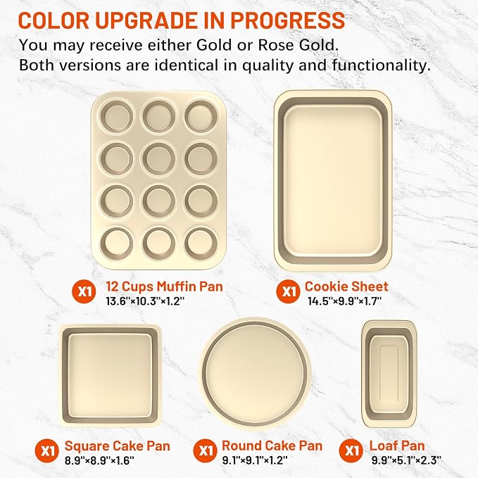 CasaCulina Baking Pans Set, 5-Piece Nonstick Bakeware Sets with Round/Square Cake Pan, Muffin Loaf Roast Pan, Baking Sheets for Oven, Kitchen Cookware Sets Baking Tray Baking Supplies, Gold
