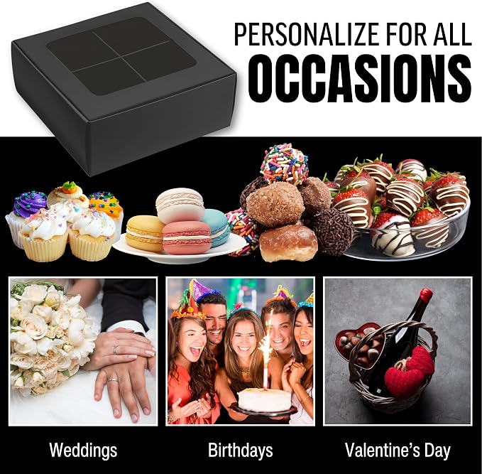 100 pcs Black Mini Cookie Boxes for 4 treats with Window and Dividers, Bakery Boxes, 6 x 6 x 2.4 Inches SMALL Baking Boxes, Square Cookies Box Decorating Supplies for Gift Giving