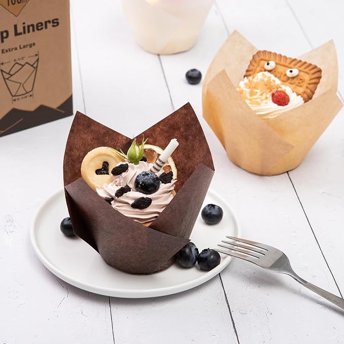 Bake Choice Nordic Paper100pcs Extra Large Size Brown Tulip Cupcake Liners for Baking Cups EU Parchment paper Tulip Muffin Liners, Jumbo Cupcake Wrapper for Party, Christmas