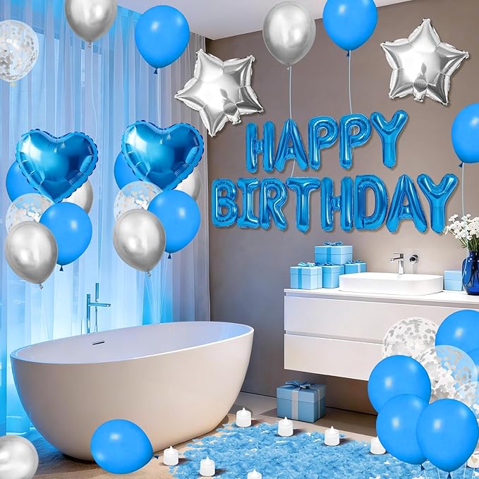 Blue Happy Birthday Balloons Decorations Light Blue Silver Birthday Balloon Letters Banner with Star Heart Balloons 1000 Pcs Artificial Rose Petals 24 Flameless LED Candles for Birthday Party Supplies