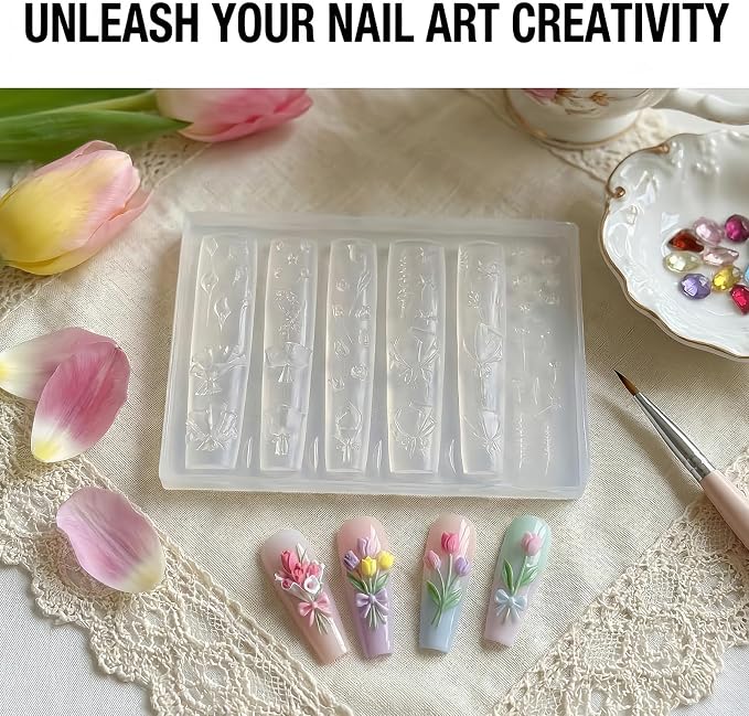 Tulip Flower Nail Art Silicone Mold, 3D Bouquet & Floral Stem Nail Charms Mold, Flexible Reusable Silicone Mold for Acrylic Gel Resin Nail Decoration, DIY Nail Accessories
