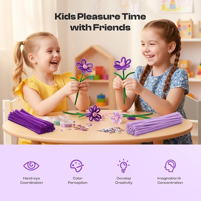 Caydo 700PCS Pipe Cleaner Flower Kit, Purple Craft Chenille Stems Bulk with Floral Wires, Ribbons, Tapes, Stamens, Glue Sticks for Making Pipe Cleaner Bouquets